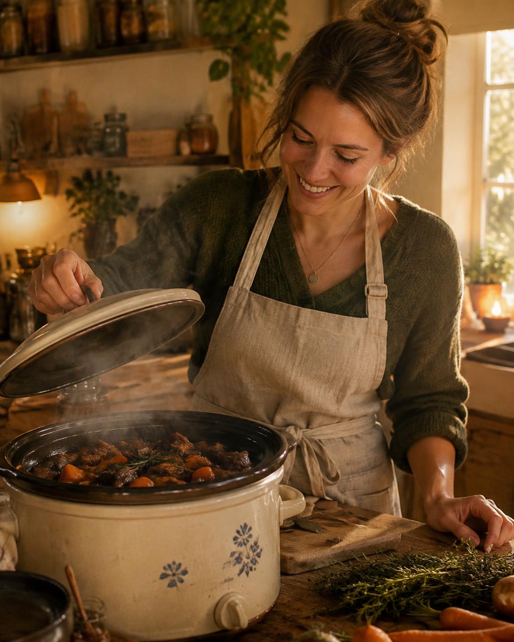Vrouw tilt deksel van slowcooker met stoofpot
